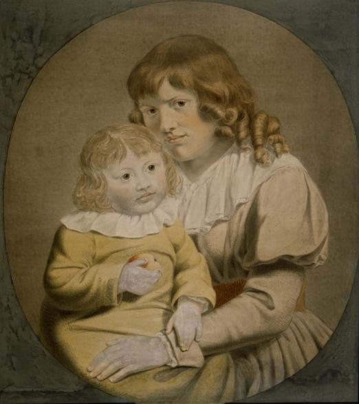 Goethes Ehefrau Christiane Vulpius mit dem Sohn Julius August Walther auf einem Graphit-Aquarell.