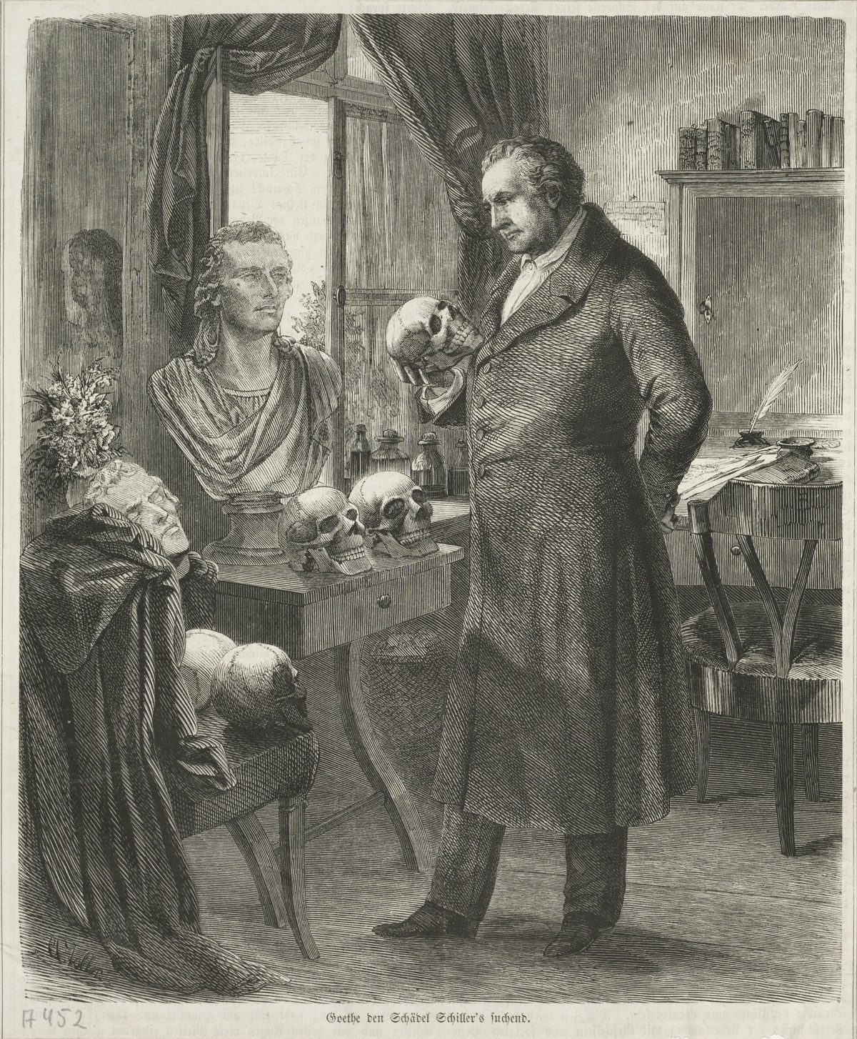 Goethe sucht den Schädel von Schiller;Holzstich nach Albert Toller